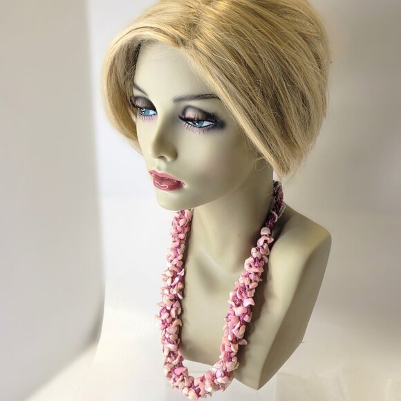Chunky Pink Shell Necklace ,Chips and Pink Beads Bib Necklace - Picture 3 of 12